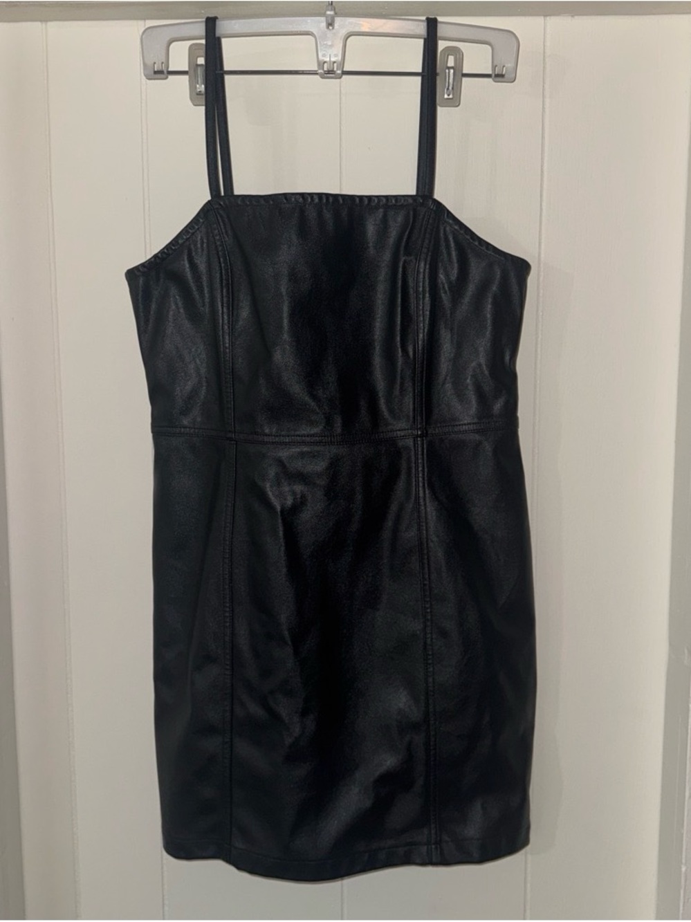 Divided Black Faux Leather Mini Dress with Spaghetti Straps